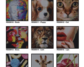 May include: A set of nine large dot-to-doodle kits featuring various images, including a Buddha, a puppy, a cat, a man with a beard, a lion, lips, a ball, a giraffe, and cherries. The kits are labelled with the product code and the image name.