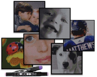 May include: A set of six different pixel art images, each with a black frame, displayed on a white background. The images include a couple, a dog, a ladybug, a close-up of a face, and a hockey player. Two dot doodle markers are shown in the foreground.