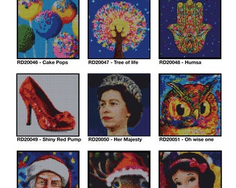 May include: A set of nine large dot-to-doodle kits featuring various designs, including cake pops, a tree of life, a Hamsa hand, a red high heel, Queen Elizabeth, an owl, Santa Claus, a reindeer, and Snow White. Each kit is labelled with a product code and a short description.