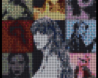 May include: A square artwork made from a mosaic of coloured dots. The image is split into four sections, each with a different colour scheme and abstract design. The colours include red, yellow, blue, and white, forming a complex visual composition.