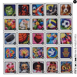 May include: A grid of 25 square images, each featuring a different design. The designs include superheroes, animals, food, and abstract art. The text "minidotidoodle mix & match kits" is on the right side.