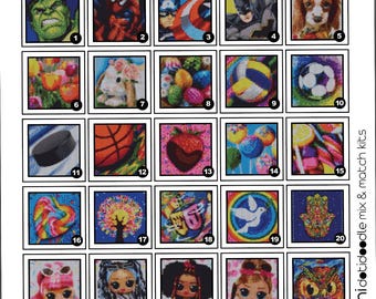 May include: A collection of 25 square images, each with a unique design. The images depict superheroes, animals, food, and abstract patterns. The text "minidotidoodle mix & match kits" is visible on the right.