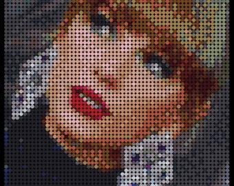 May include: A close-up of a woman's face, rendered in a pixelated style. Her hair is brown and blonde, and she is wearing a white collar. Her lips are red, and her eyes are blue.