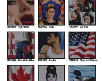 May include: Nine different dot-to-dot kits featuring various images, including a portrait of Frida Kahlo, a portrait of Freddie Mercury, a portrait of Audrey Hepburn, a portrait of a loon, a portrait of a woman with red lips, a portrait of a woman with a bubble, a red, white and blue American flag, a red and white Canadian flag, and a collage of four portraits. The kits are labelled with the product code and a short description.