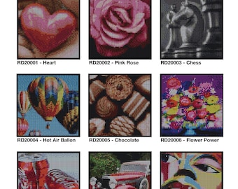 May include: Nine dotidoodle kits are displayed, each with a different image. The images include a heart, a pink rose, a chess piece, a hot air balloon, chocolates, flowers, soda pop, a vintage car, and a face. The text "large dotidoodle kits" is at the top.