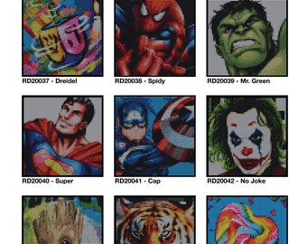 May include: A set of nine large dot-to-doodle kits featuring various characters and designs. The kits include a dreidel, Spidy, Mr. Green, Super, Cap, No Joke, G root, Tiger, and Heart Lolly.