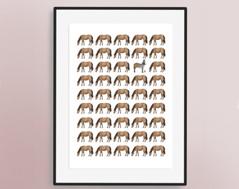 Horses & a Zebra in Disguise! Hand Drawn Artwork - Animal Wall Art | Horse | Zebra | Cute Pet Print | Nursery | Odd One Out | Paint | Camo