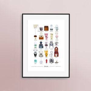 May include: A colourful illustration of 25 different types of toilets, including a commode, a chemical toilet, a squat toilet, and a throne. The image is titled "Toilets".