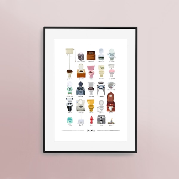 A Guide to Toilets - Hand Drawn Artwork - Home Loo Bathroom Decor | Wall Art | Games Room | Potty | Humour | Portaloo | WC | Toilet