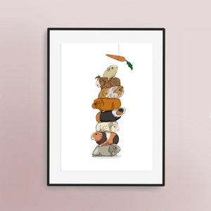 Een stapel handgetekende cavia&#39;s - muurkunst dieren | Schattige dierenprint | Kwekerij | Liefhebbers van cavia&#39;s | Cadeau | Wortel | Cavia