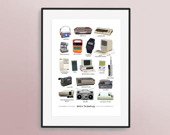 Retro Technology - Hand Drawn Artwork - Home Office Art | Games Room | Wall Decor | Obsolete Tech | VHS Printer Radio Computer Watch Phone