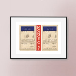 Stampa disegnata a mano ispirata al Monopoli - Carte Park Lane e Mayfair / Arte classica del gioco da tavolo vintage / Opera d'arte / Sala giochi
