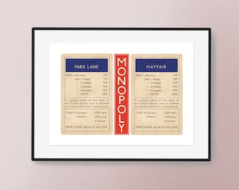 Monopoly Inspired Hand Drawn Print - Park Lane & Mayfair Cards | Classic Vintage Board Game Art | Artwork | Games Room