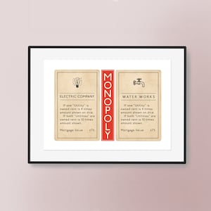 Stampa disegnata a mano ispirata al Monopoli - Compagnia elettrica e opere idriche / Arte classica del gioco da tavolo vintage / Opera d'arte / Sala giochi