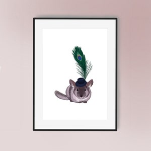 Chinchilla Feather Hat -  Hand Illustrated Art Print | Animal Lovers Artwork | Chinchilla Poster | Fun | Nursery Artwork | Childrens Art