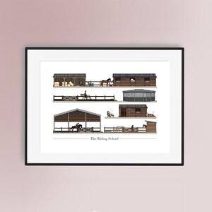 The Riding School & Stables Hand Drawn Print | Horse Art | Pony Art | Riding School | Sports | Dressage | Circles | Arena
