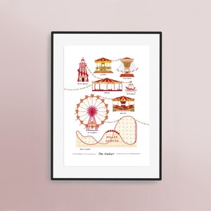 Die Kirmes - Anleitung für Jahrmarktfahrten - Handgezeichnetes Kunstwerk - Kinderzimmer-Kunst | Jahrmarkt-Karussell Helter Skelter Achterbahn Dodgems Fun Schaukel