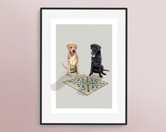 Labradors Playing Scrabble Print - Hand Drawn Labrador Retreiver Dog Artwork - Home Decor | Animal Wall Art | Cute Pet Print | Nursery