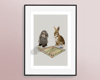 Monopoly Rabbits! Print (Bun-opoly!) - Hand Drawn Bunny Rabbit Artwork - Home Decor | Animal Wall Art | Cute Pet Print
