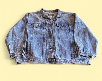 Chaqueta vaquera vintage con efecto desgastado, color azul, talla 3XL para mujer, estilo oversize con lavado ácido.