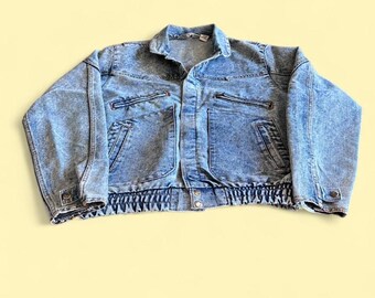 Chaqueta bomber vaquera vintage con efecto desteñido, color azul, talla M para hombre, corte holgado y desgastado.