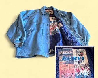 Chaqueta de cuero Avirex estilo universitario vintage, azul, de tejido grueso, talla 3XL para hombre.
