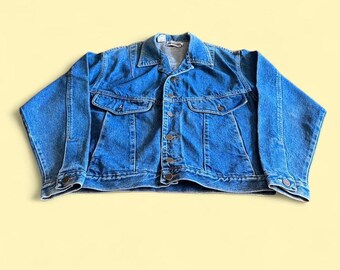 Chaqueta bomber vaquera vintage azul para mujer, talla S, estilo camionero extragrande y desgastado.