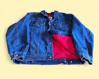 Chaqueta vaquera vintage azul con forro polar para hombre, talla XL, estilo camionero con forro de manta.