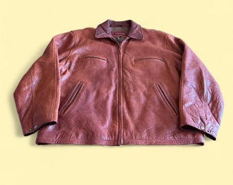 Chaqueta vintage de piel de cordero marrón desgastada de peso pesado para hombre, talla L Couture