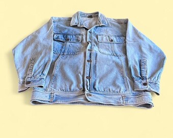 Chaqueta vaquera vintage de lavado claro azul desteñida con bolsillos grandes estilo camionero para hombre, talla L, circa