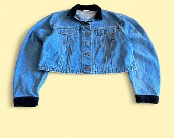 Chaqueta vaquera vintage Lee azul para mujer, talla L, corta, con cuello de terciopelo, estilo camionero.