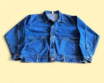 Chaqueta vaquera vintage de lavado oscuro azul para mujer, talla M, con patchwork.