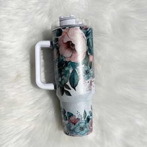 40oz Dupe with handle, Elegant Blush, Teal, and Pink Floral 40oz Sublimation Tumbler, gifts for her, floral tumbler