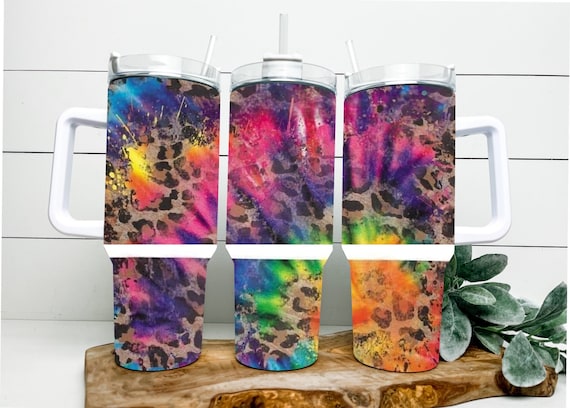 40oz Stanley Dupe or Simple Modern Dupe Handle Tumbler, Trendy Fusion  Tie-dye & Leopard Print Tumbler, Tie-dye Pattern, Rainbow Tye-dye 