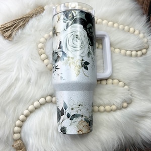 40oz Dupe with handle, 40oz handle tumbler, Black and white floral tumbler