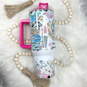 40oz  Dupe handle tumbler, Charming Nurse Life: 40oz Tumbler with Adorable Medical Equipment Design