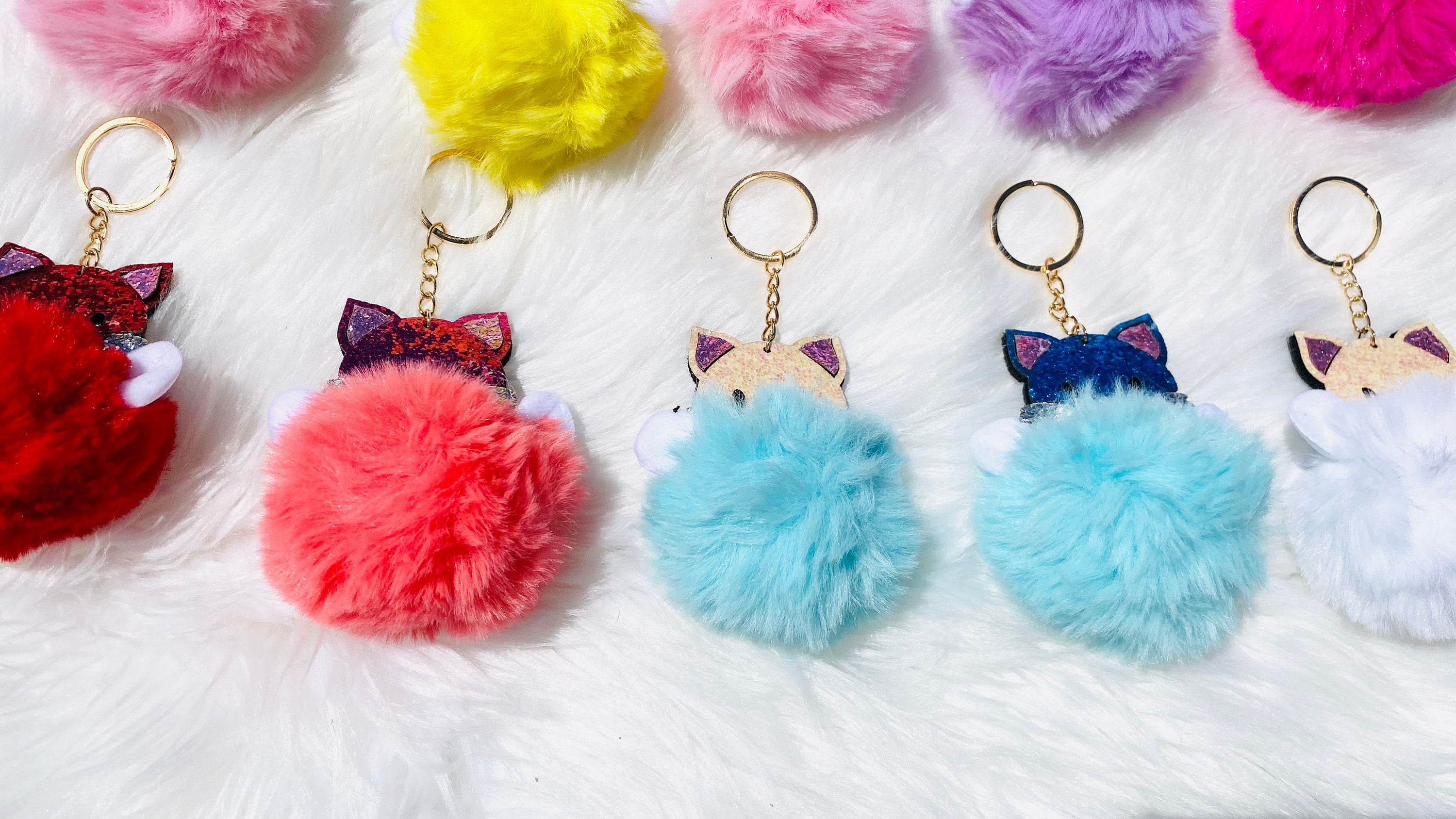 Pom Pom Kitty Keychains Cute Kitty Pom Pom Keychains Glitter 