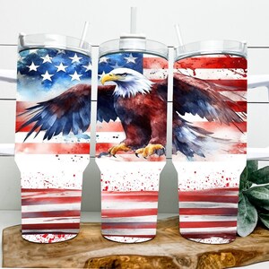 40oz  Dupe with handle, Majestic Bald Eagle & American Flag 40oz Sublimation Tumbler