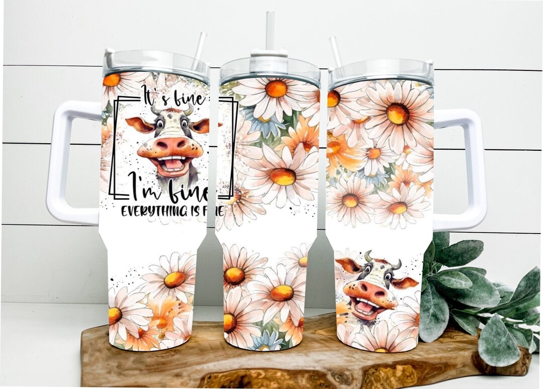 Orange 40oz tumbler with handle, Stanley Dupe with hand painted daisy  flowers, Wildflower, one of a kind floral design, water bottle