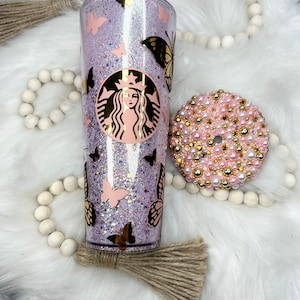 Starbucks poly acrylic tumbler, Enchanting 24oz Peachy Pink Snowglobe Tumbler with Butterfly Elegance