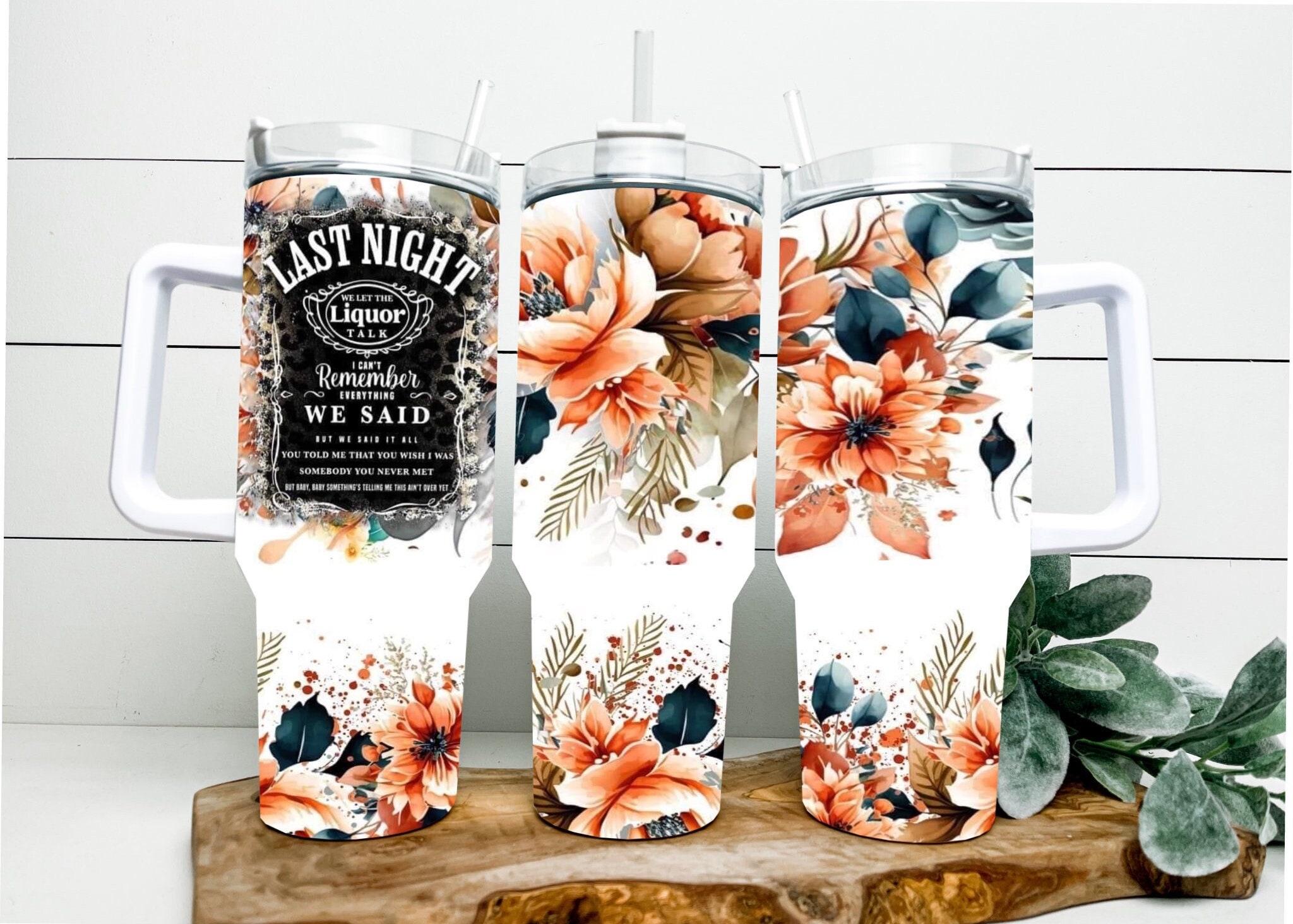 Pink 40oz tumbler with handle, Stanley Dupe with hand painted flower  dasies, Imagine, one of a kind floral wildflower design, water bottle