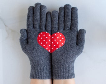 Dark Gray Heart Gloves - Winter Accessory For Him and Her