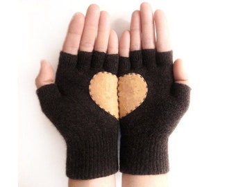 Valentine's Day Gift For Him - Chocolate Brown Gloves with Taupe Heart - Mens fashion