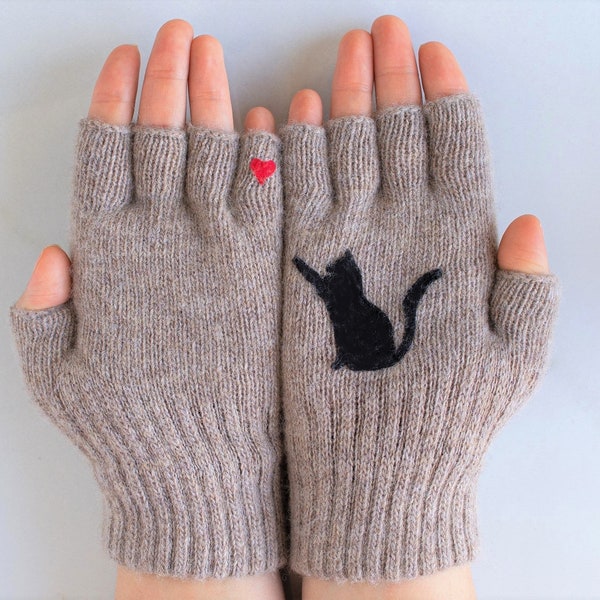 Cat Mom Gift - Black Kitten on Fingerless Gloves