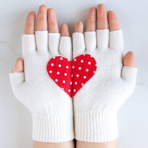 Ivory Mittens - Mother&#39;s Day Gift - Fingerless Gloves with Red Polka Dotted Heart