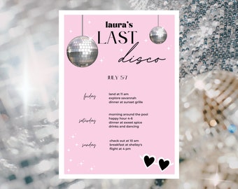 Last Disco Pink Bachelorette Invitation & Itinerary Template, Bachelorette Weekend Invitation, Weekend Itinerary, Editable