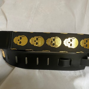 Black leather Gold Skull Guitar Strap image 6