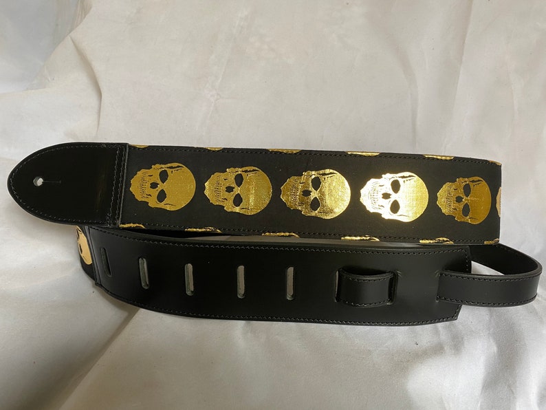 Black leather Gold Skull Guitar Strap image 6