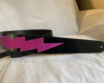 Black/Pink Sparkle lighting bolt guitar strap