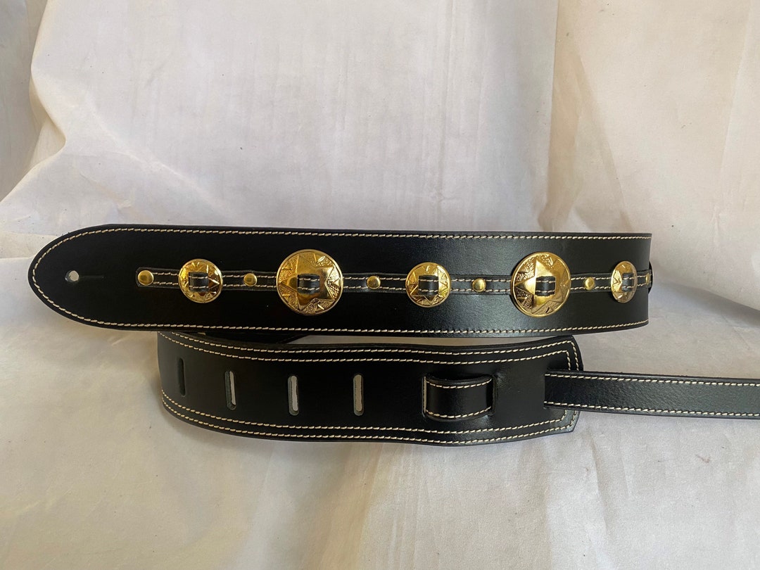 Black Leather Gold Conchos Guitar Strap Etsy